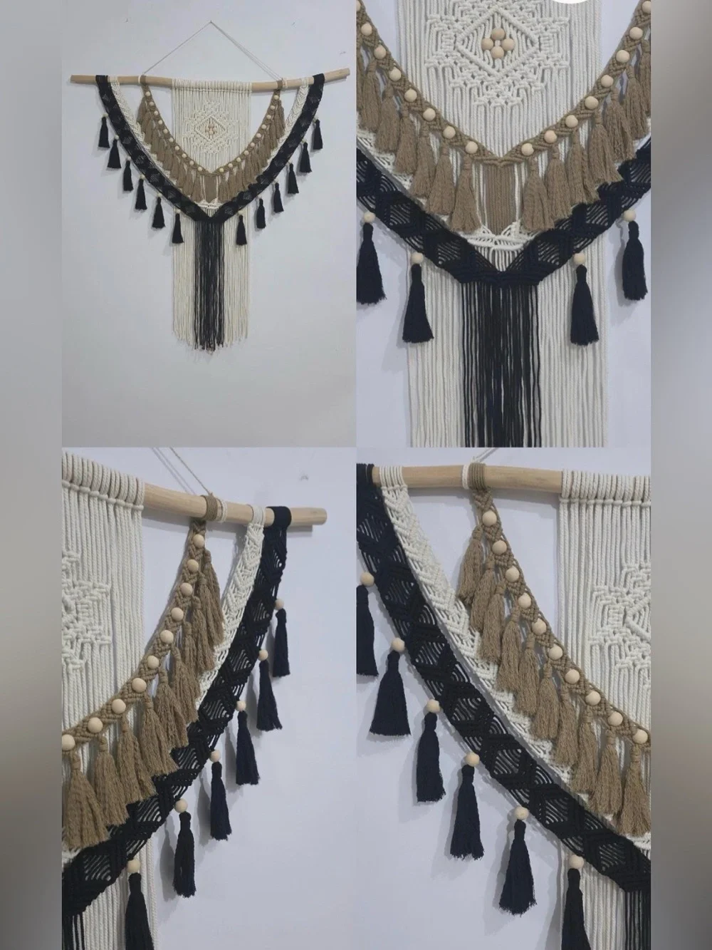 Boho Tassel Macramé Wall Hanging in Cream, Black & Brown